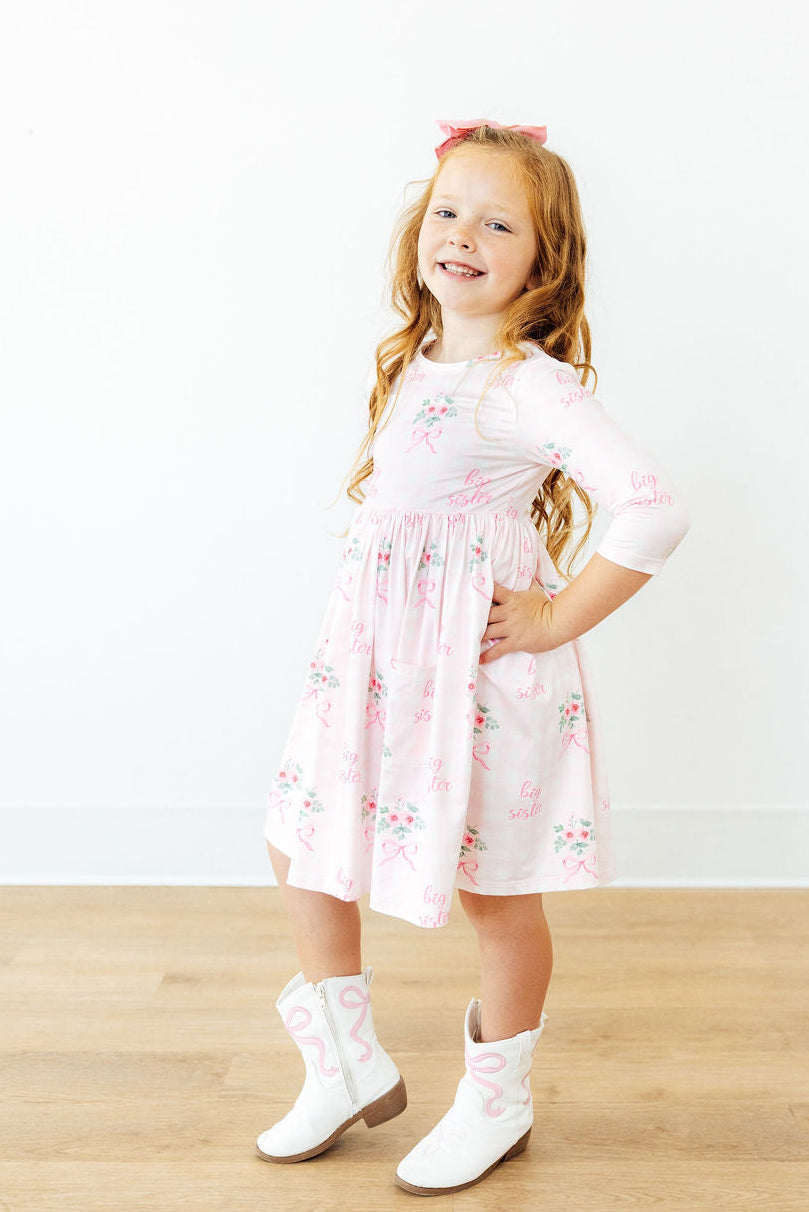 Big Sister Floral 3/4 Sleeve Pocket Twirl Dress - Shaketea