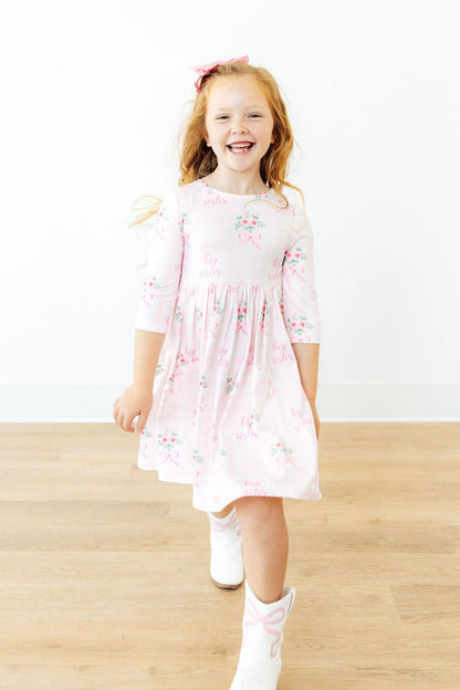 Big Sister Floral 3/4 Sleeve Pocket Twirl Dress - Shaketea
