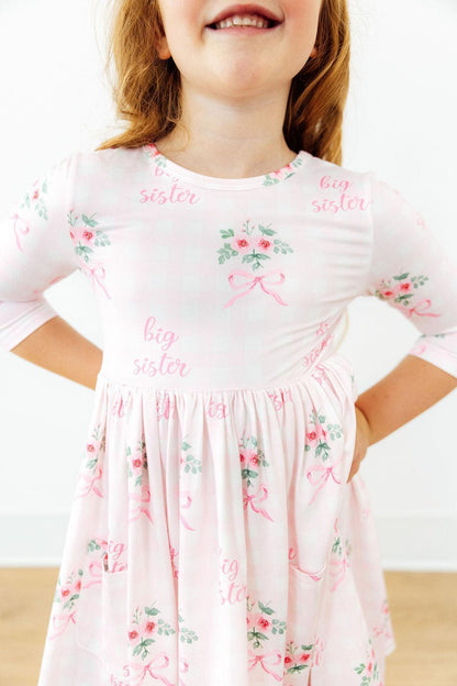 Big Sister Floral 3/4 Sleeve Pocket Twirl Dress - Shaketea