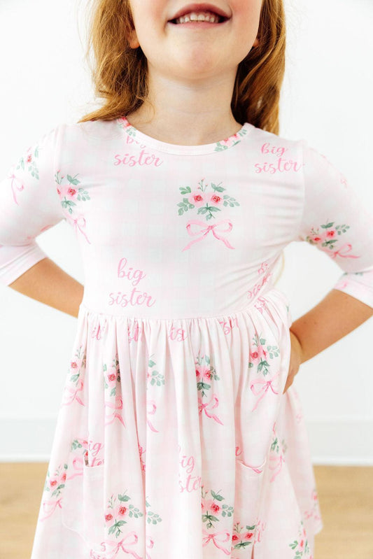 Big Sister Floral 3/4 Sleeve Pocket Twirl Dress - Shaketea