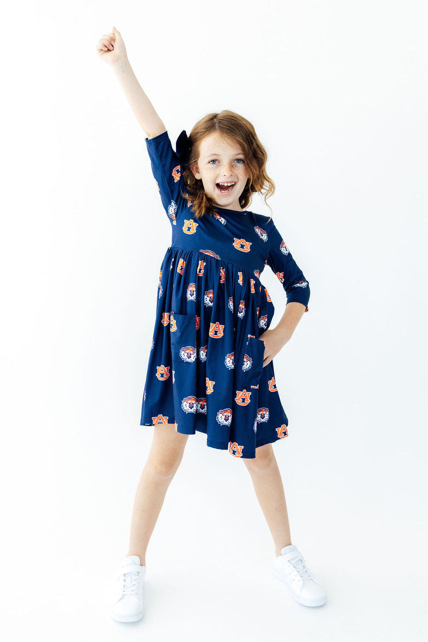 Auburn Blue Aubie 3/4 Sleeve Pocket Twirl Dress - Shaketea