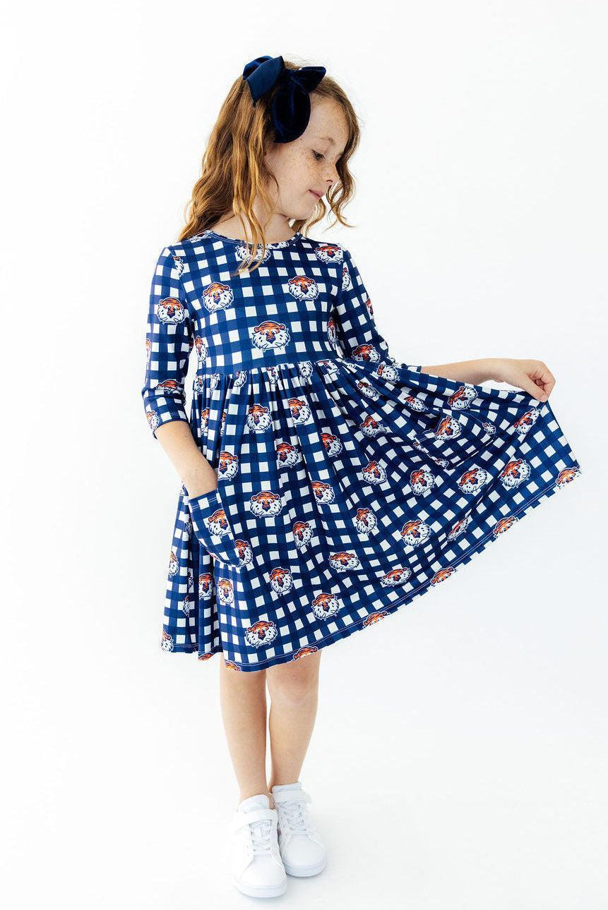 Auburn Plaid Aubie 3/4 Sleeve Pocket Twirl Dress - Shaketea