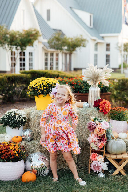 Pumpkin Party 3/4 Sleeve Pocket Twirl Dress