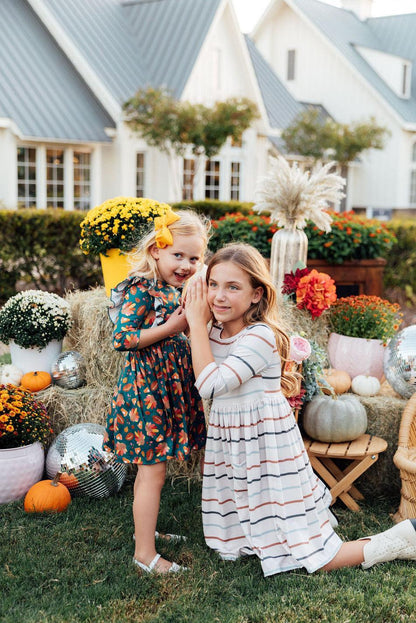 Fall Stripes 3/4 Sleeve Pocket Twirl Dress