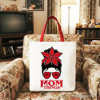 Mom Things Messy Bun Retro Canvas Tote Bag, Red Bandana Glasses Family Matching Gift Shopper