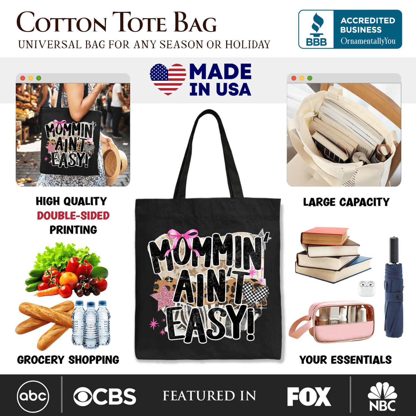 Mommin' Ain't Easy Motherhood Tote Bag, Trendy Mom Life Gift Shopper