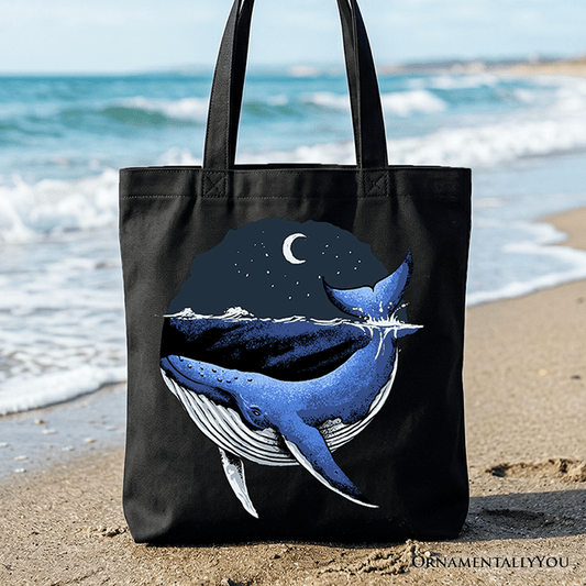Moonlit Whale Vintage Tote Bag, Night Ocean Retro Gift Shopper