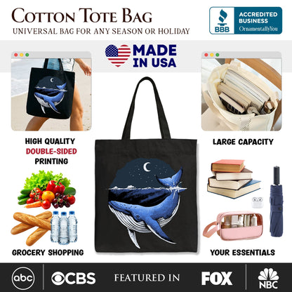 Moonlit Whale Vintage Tote Bag, Night Ocean Retro Gift Shopper - Shaketea