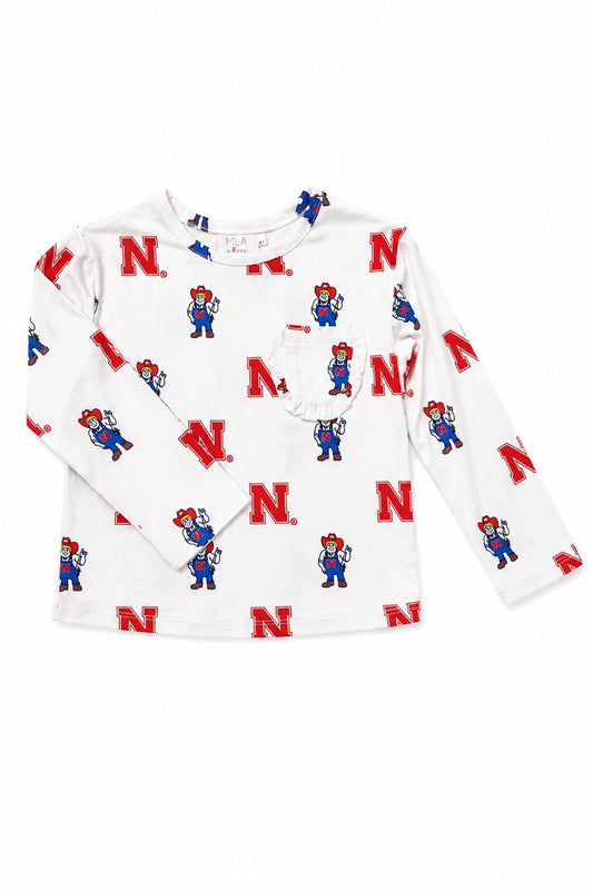 Nebraska White Herbie Husker L/S Ruffle Pocket Tee