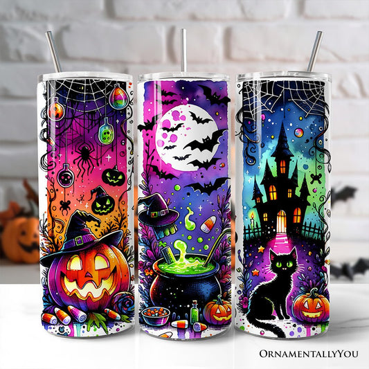 Neon Halloween Witch Scene 20oz Personalized Tumbler With Lid and Stainless Steel Straw, Colorful Spooky Gift Cup