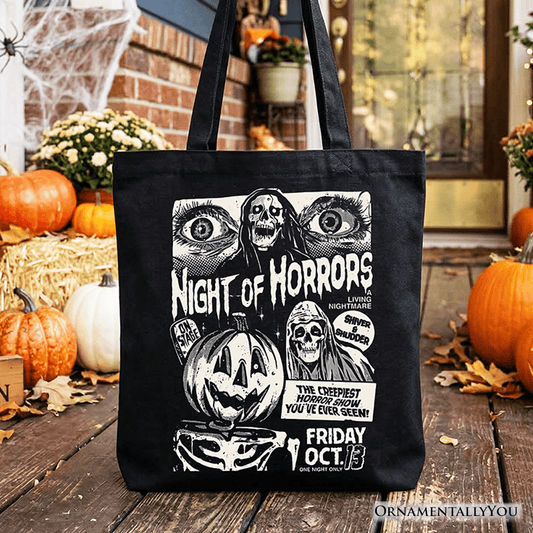 Night of Horrors Retro Halloween Tote Bag, Vintage Poster Gift Shopper for Spooky Season Fans