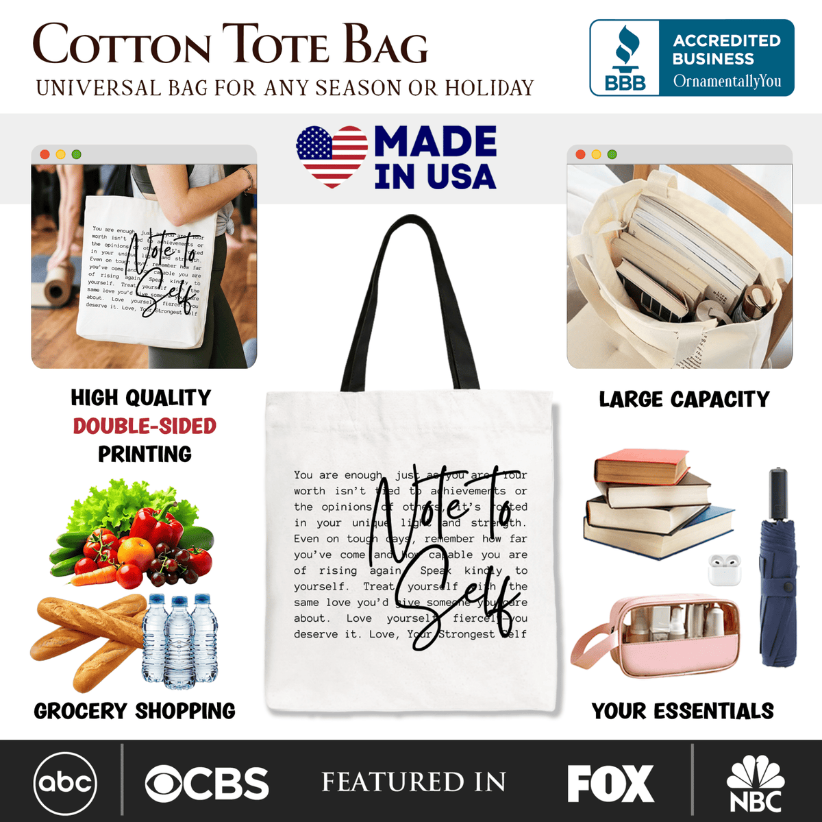 Note To Self Mental Health Tote Bag, Motivational Definition Gift Shopper