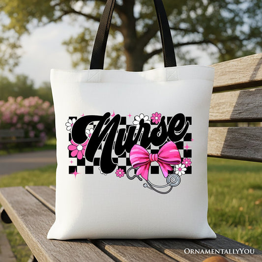 Nurse Floral Coquette Pink Bow Canvas Tote Bag, Retro Stethoscope Checkered Coworker Gift