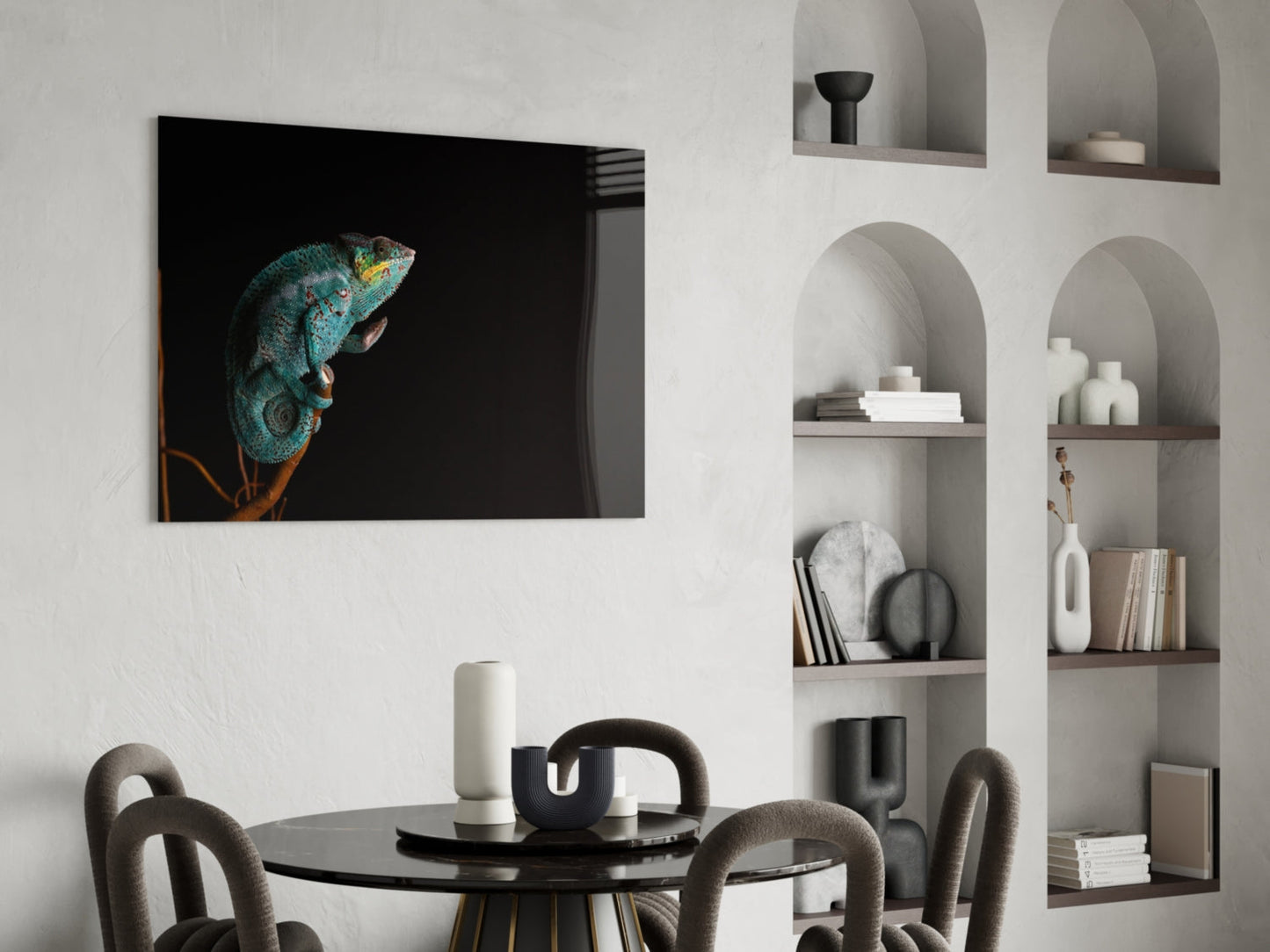 Turquoise Chameleon On Branch Black Glass Wall Art