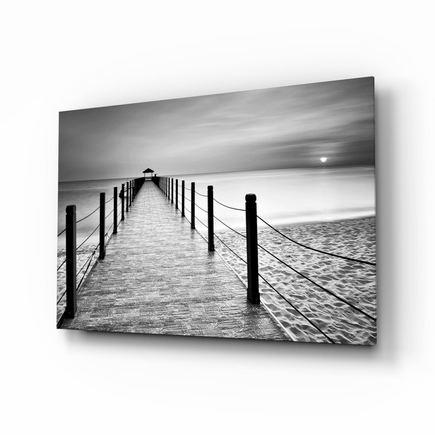 Black White Beach Boardwalk Ropes Glass Wall Art