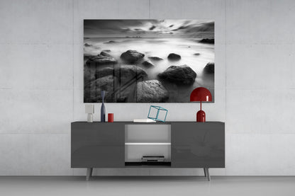 Black And White Misty Sea Boulders Glass Wall Art
