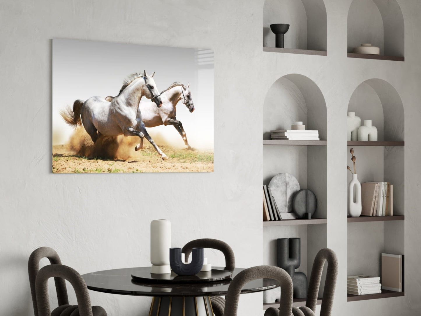 Two White Horses Dust Gallop Glass Wall Art