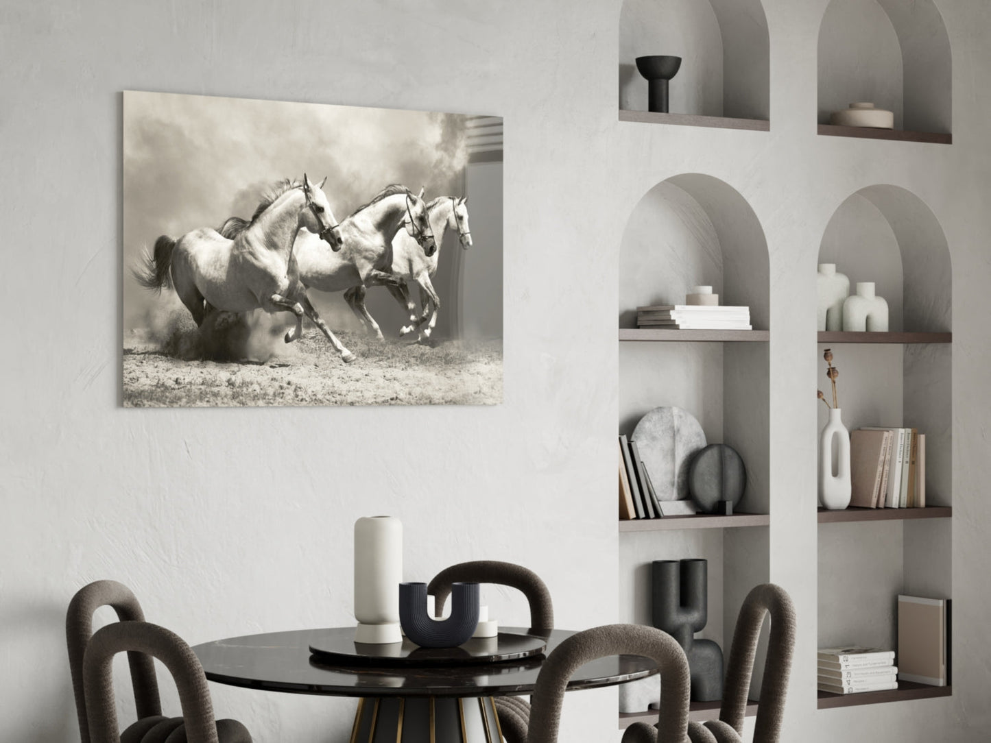 Three Gray Horses Sepia Run Glass Wall Art