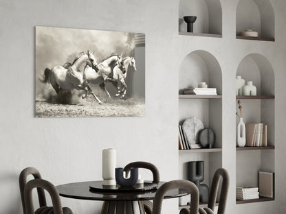 Three Gray Horses Sepia Run Glass Wall Art