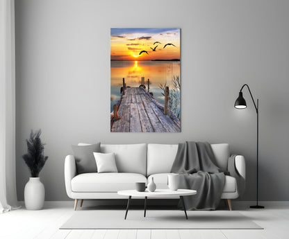 Golden Sun and Seagulls Over Dock Glass Wall Art