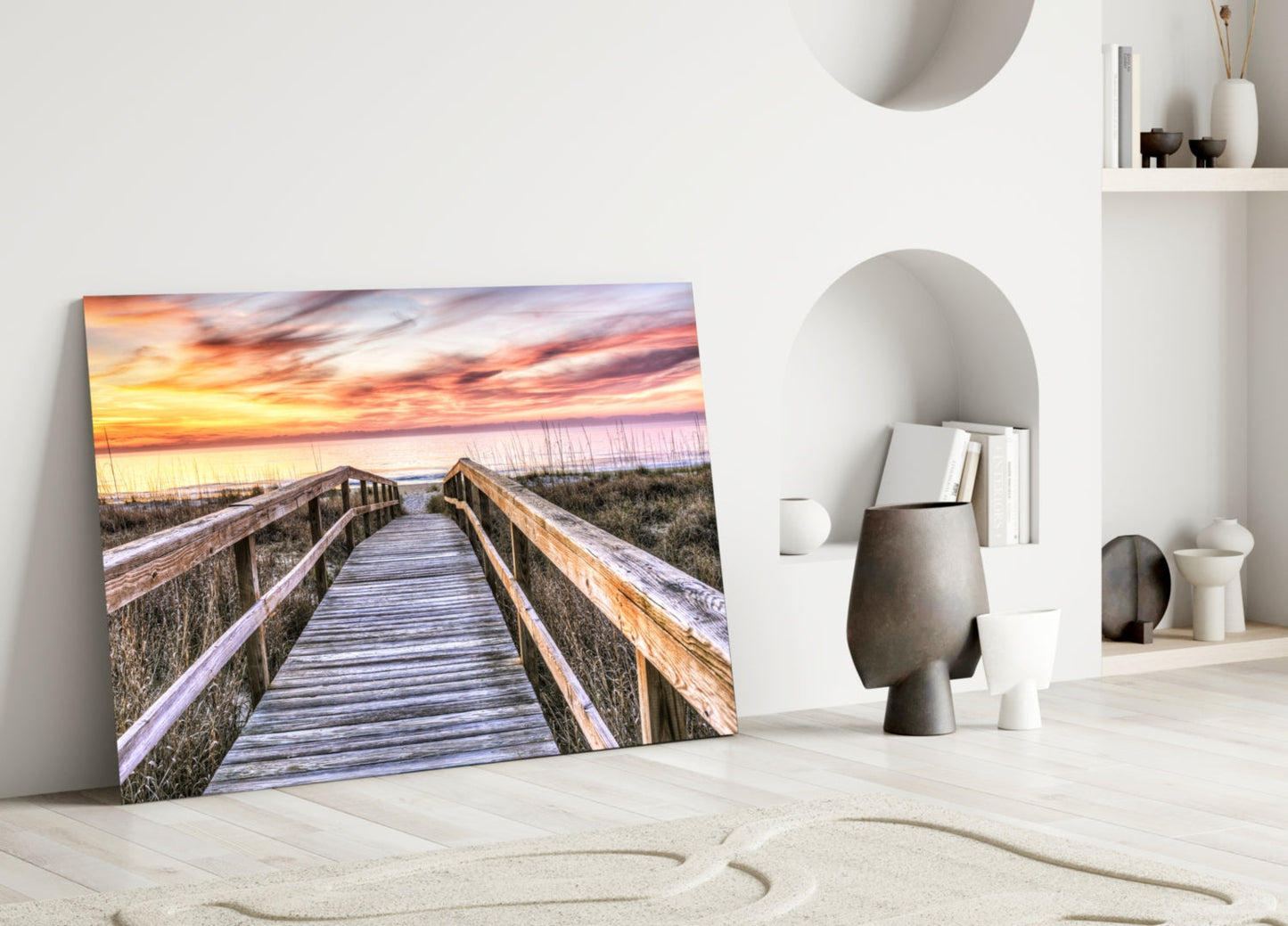Beach Boardwalk Through Dunes Pink Sky Glass Wall Art