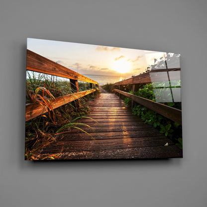 Beach Boardwalk Path Sunset Glass Wall Art