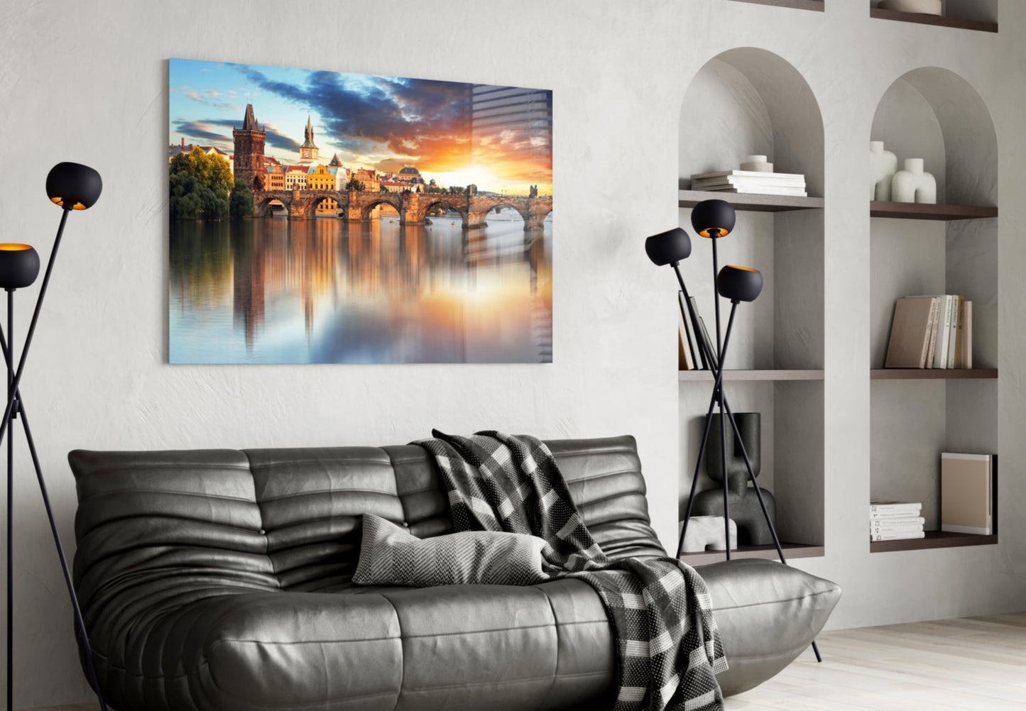 Stone Arch Bridge Prague Sunrise Glass Wall Art