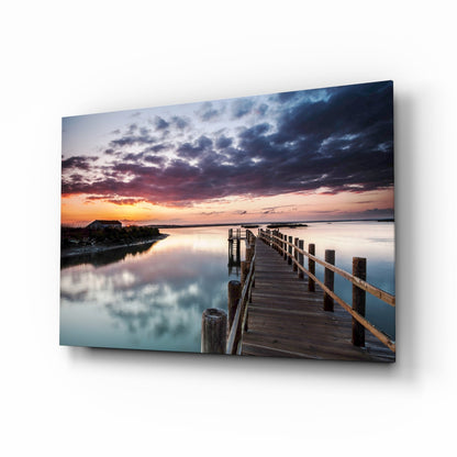 Wooden Jetty Dusk Clouds Glass Wall Art