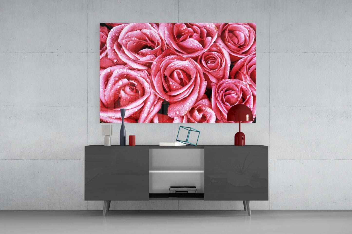 Dewy Pink Rose Bouquet Closeup Glass Wall Art