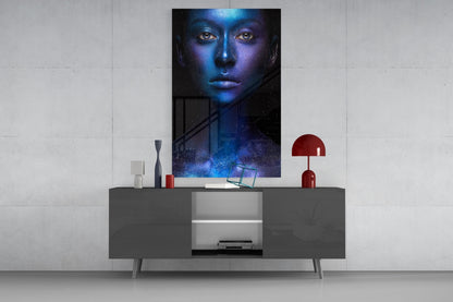 Cosmic Blue Glitter Face Glass Wall Art