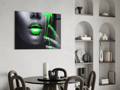 Green Paint Drip Lips Glass Wall Art