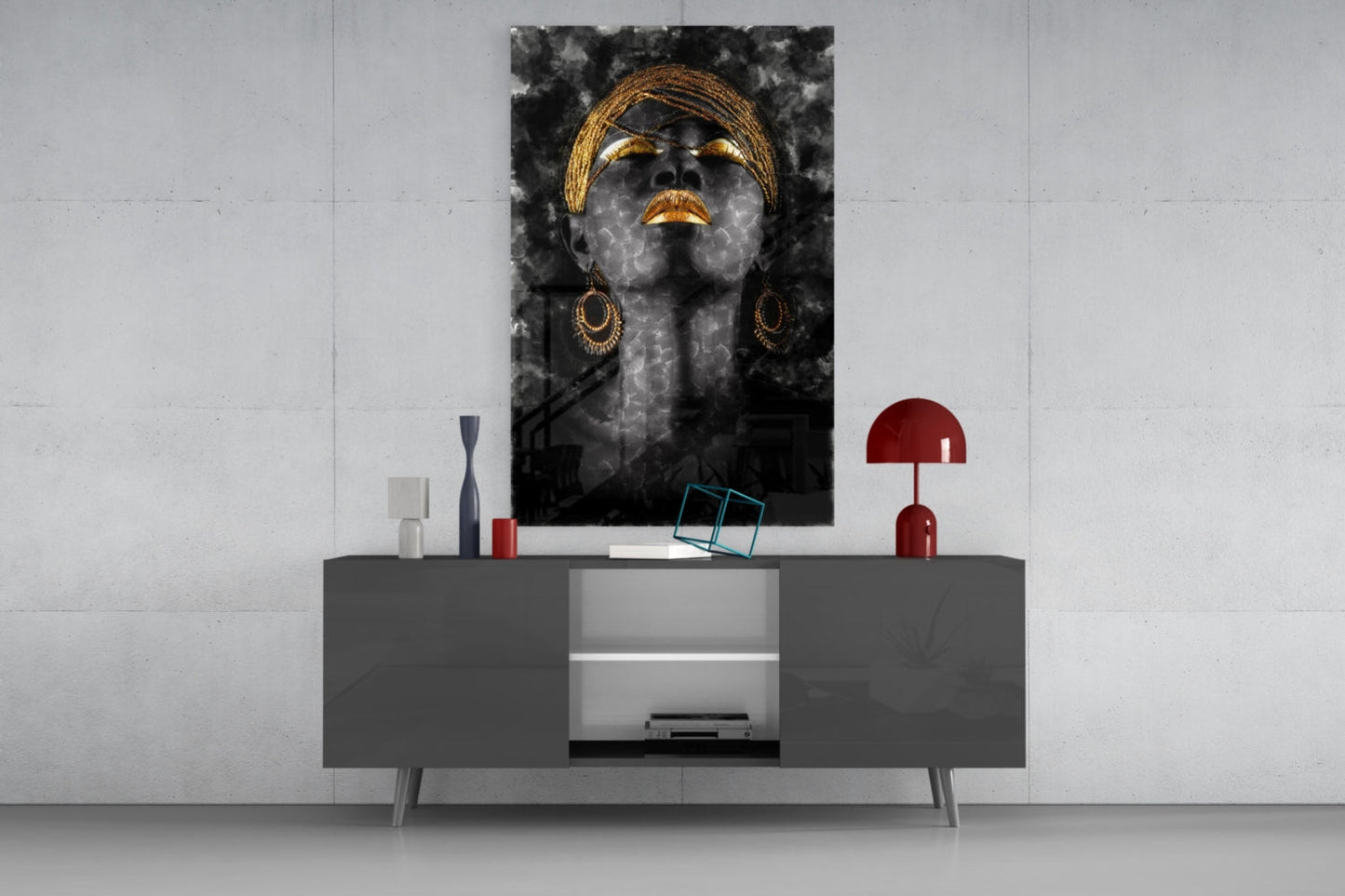 Gold Headdress Woman Portrait Black Glass Wall Art