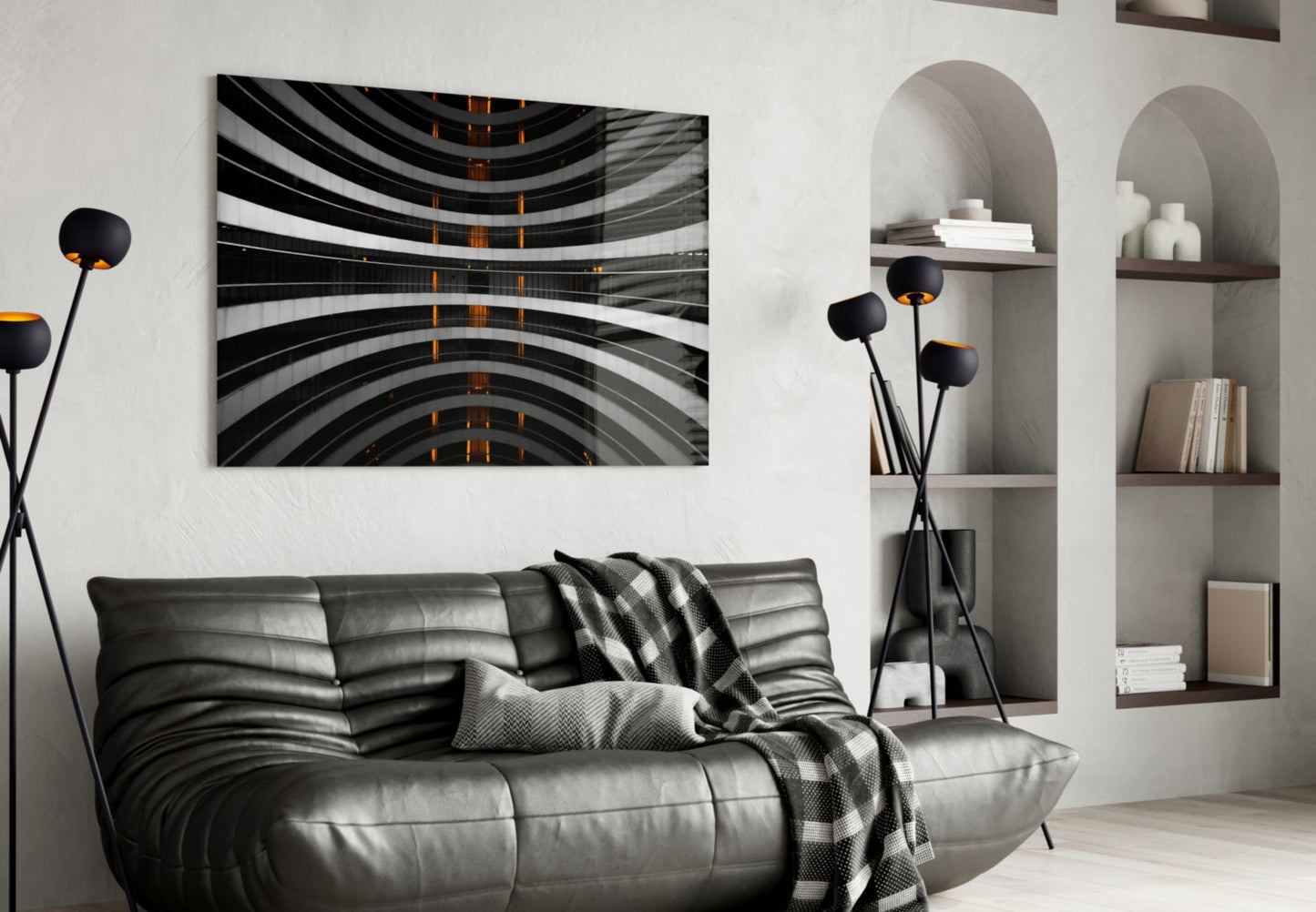 Curved Balconies Amber Lights Glass Wall Art