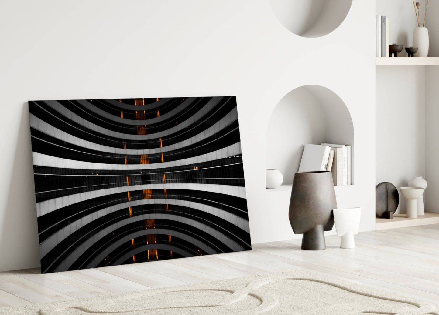 Curved Balconies Amber Lights Glass Wall Art