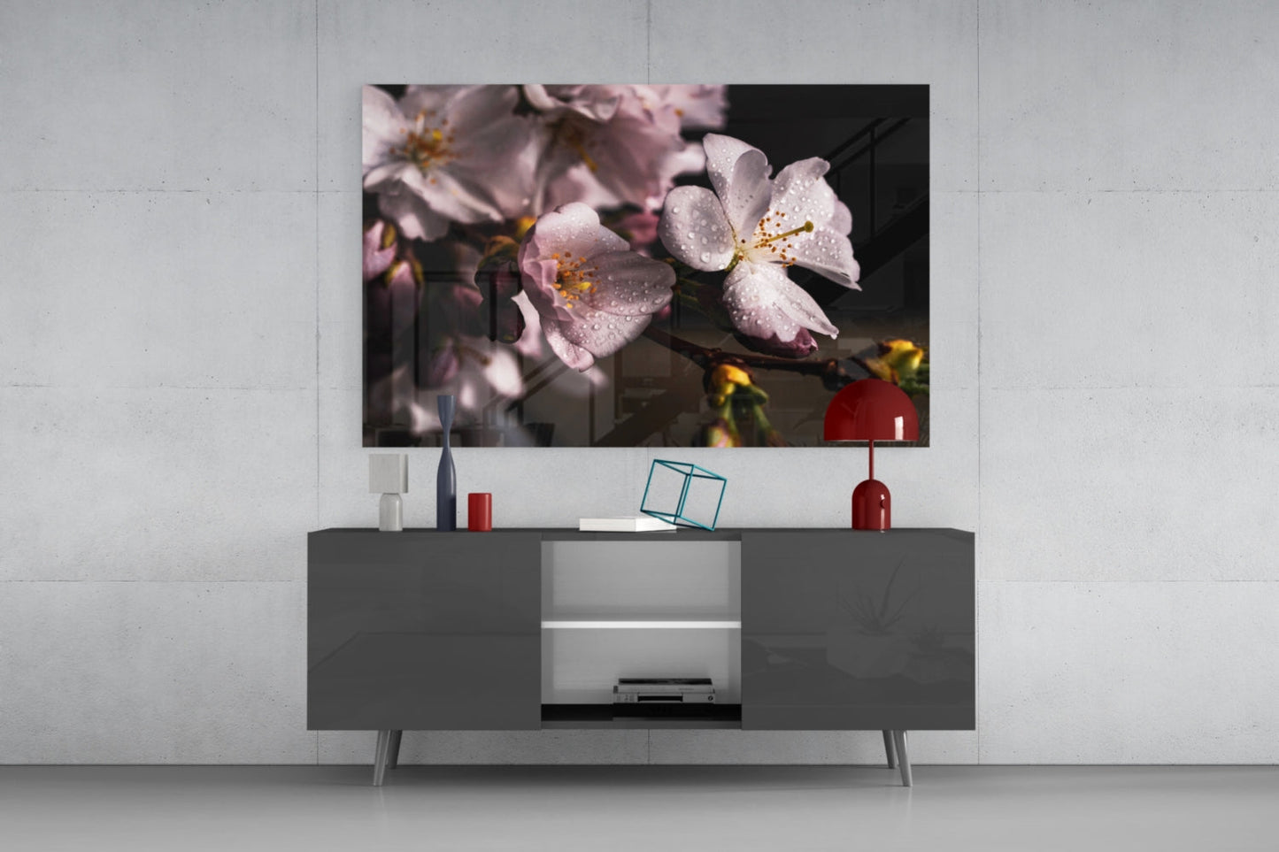 Dewdrop Pink Cherry Blossoms Glass Wall Art