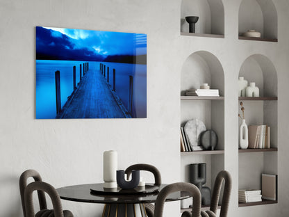 Moonlit Blue Mountain Jetty Glass Wall Art