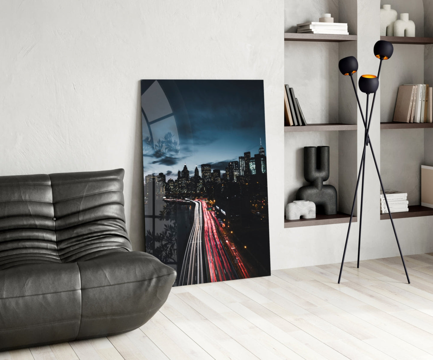 Red Light Trails Night Skyline Glass Wall Art
