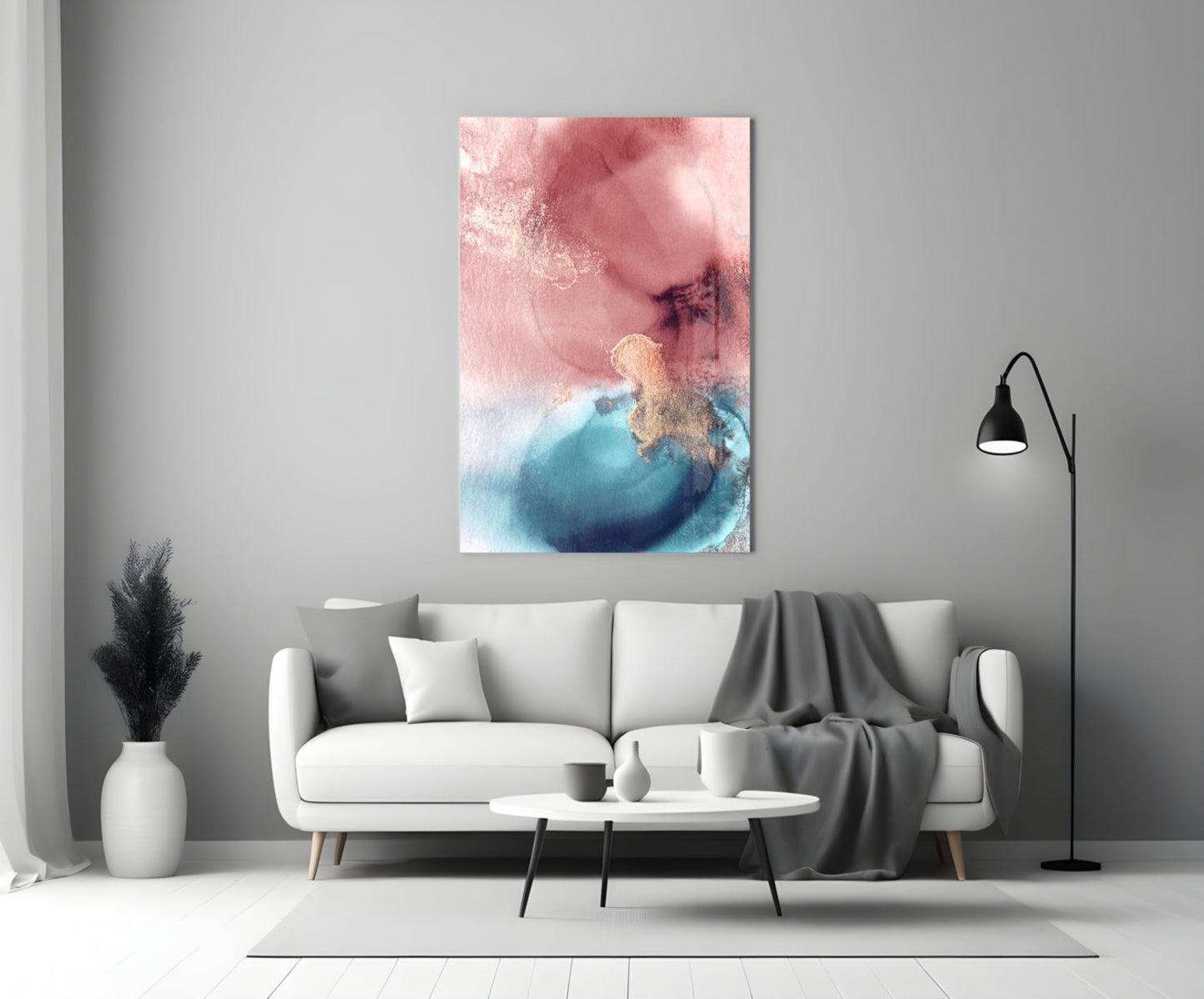 Pink Teal Gold Ink Bloom Glass Wall Art