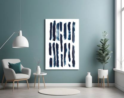 Vertical Navy Brush Bars Glass Wall Art