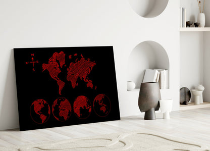 Red Sketch World Map and Globes Glass Wall Art