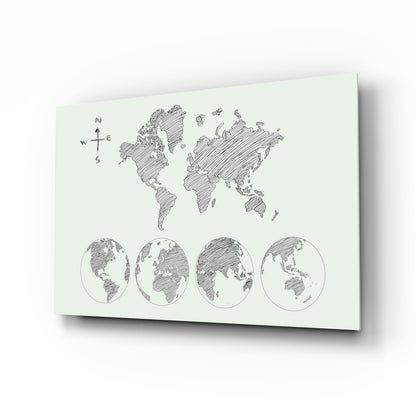 Gray Sketch World Map on Light Ground Glass Wall Art