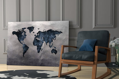 Navy Continents Silver Foil World Map Glass Wall Art