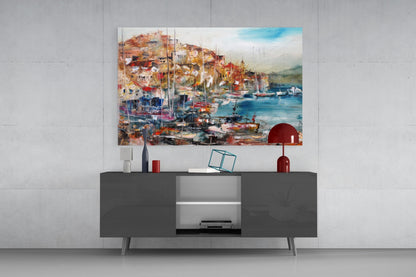 Colorful Harbor Town With Sailboats Glass Wall Art