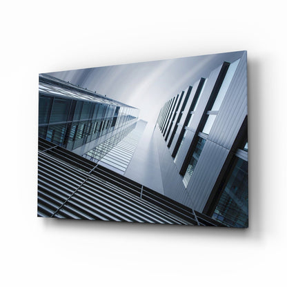 Blue Gray Skyscrapers Seen From Below Glass Wall Art