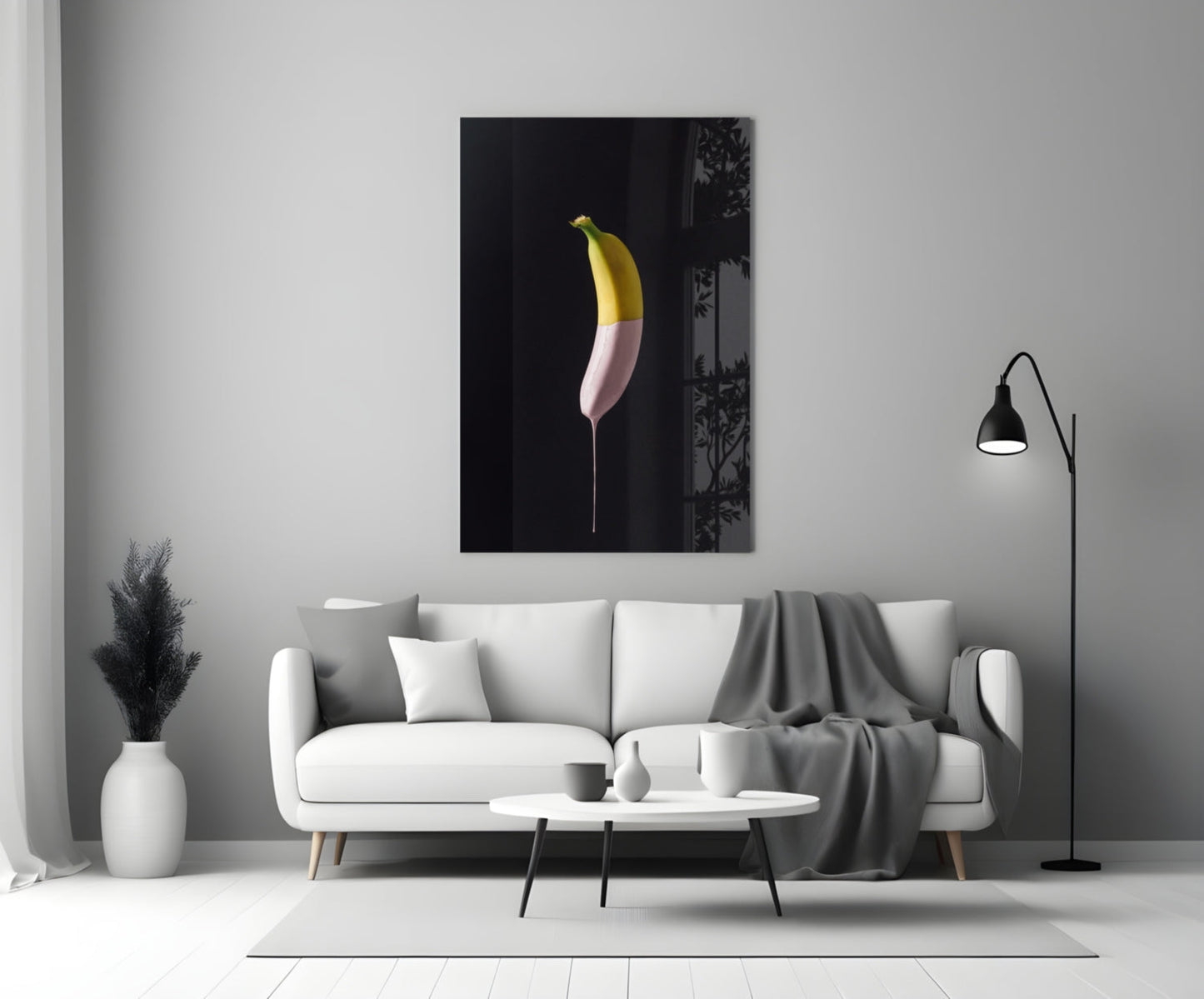 Half Dipped Pink Paint Banana Glass Wall Art