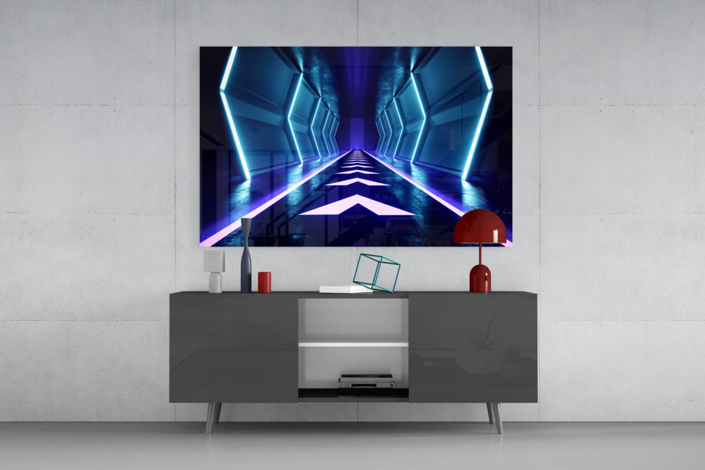 Blue Neon Chevron Corridor Glass Wall Art