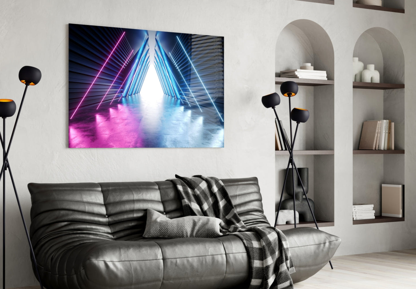 Neon Apex Triangle Corridor Glass Wall Art
