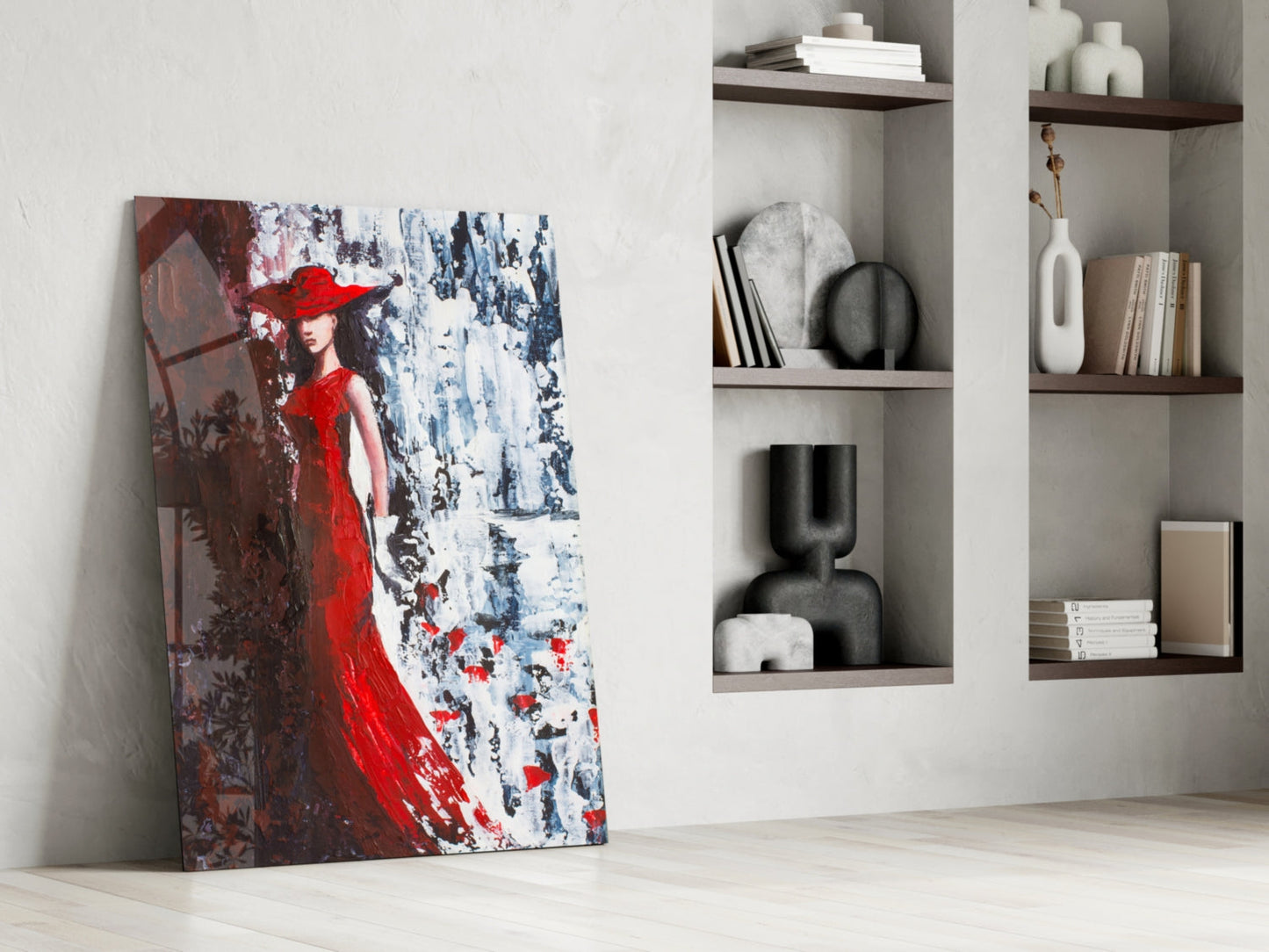 Scarlet Gown Lady Palette Knife Glass Wall Art