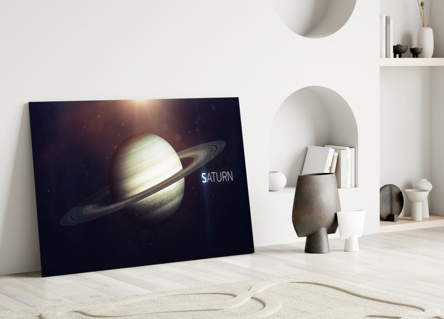 Golden Saturn With Name Text Glass Wall Art