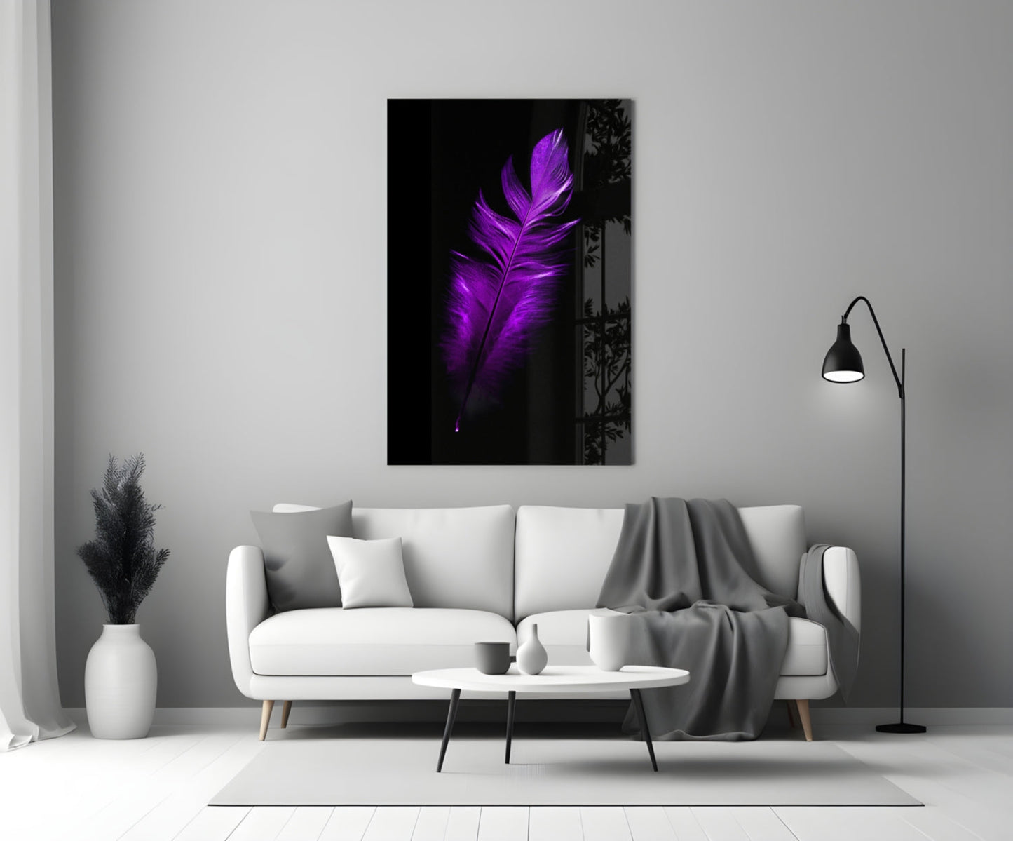 Vivid Purple Feather On Black Glass Wall Art